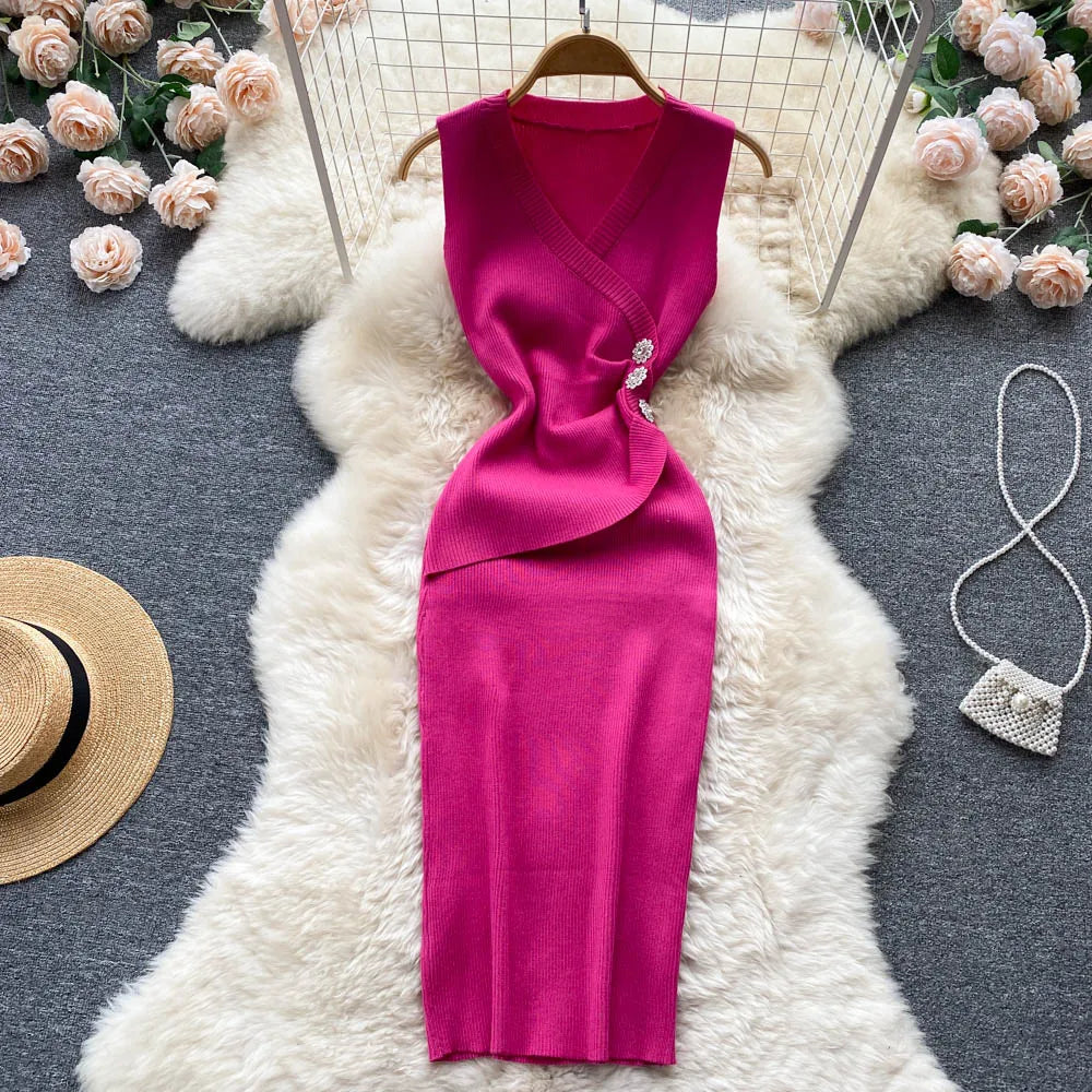Sleeveless Button Knit Bodycon Dress