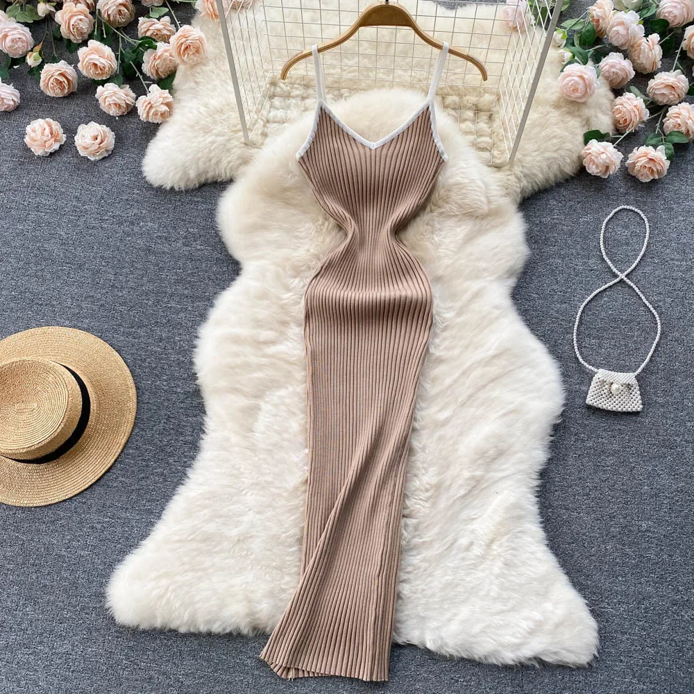 V-Neck Knit Midi Slip Dress