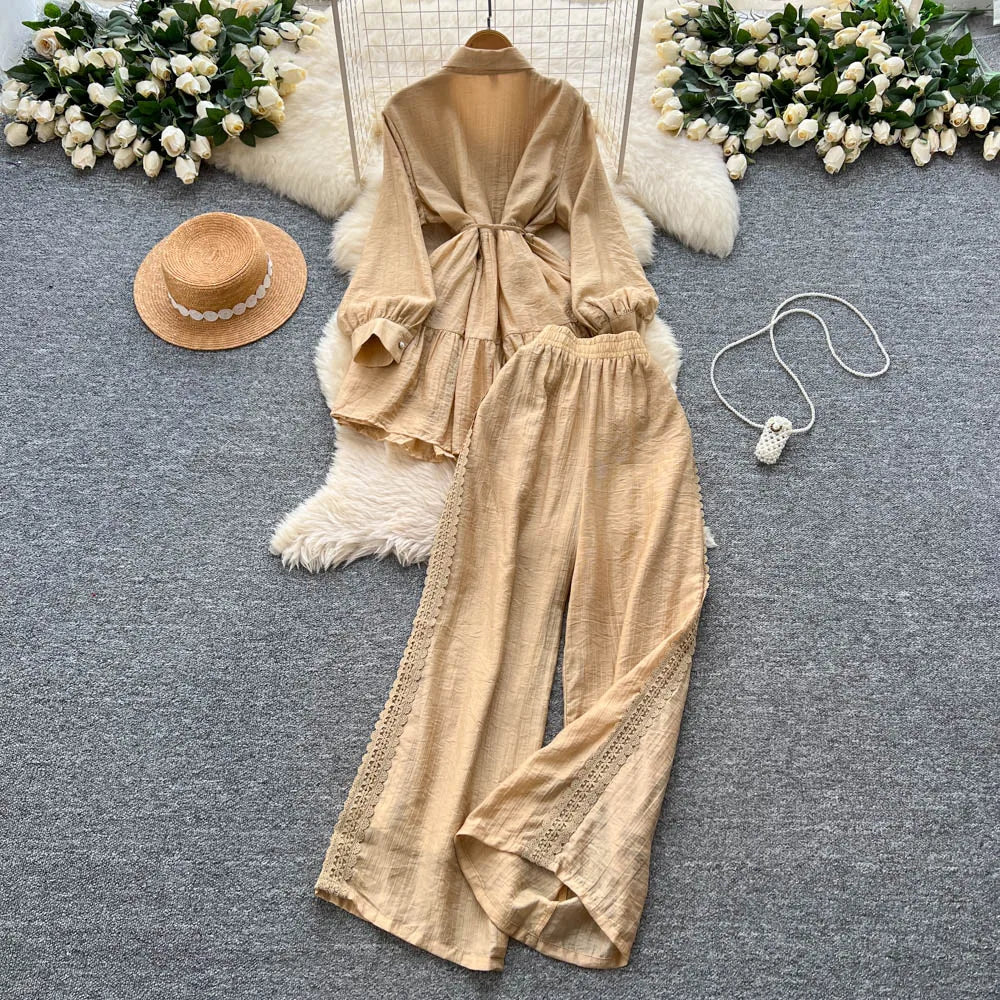 Lace Panel Top and Wide Leg Pant Set