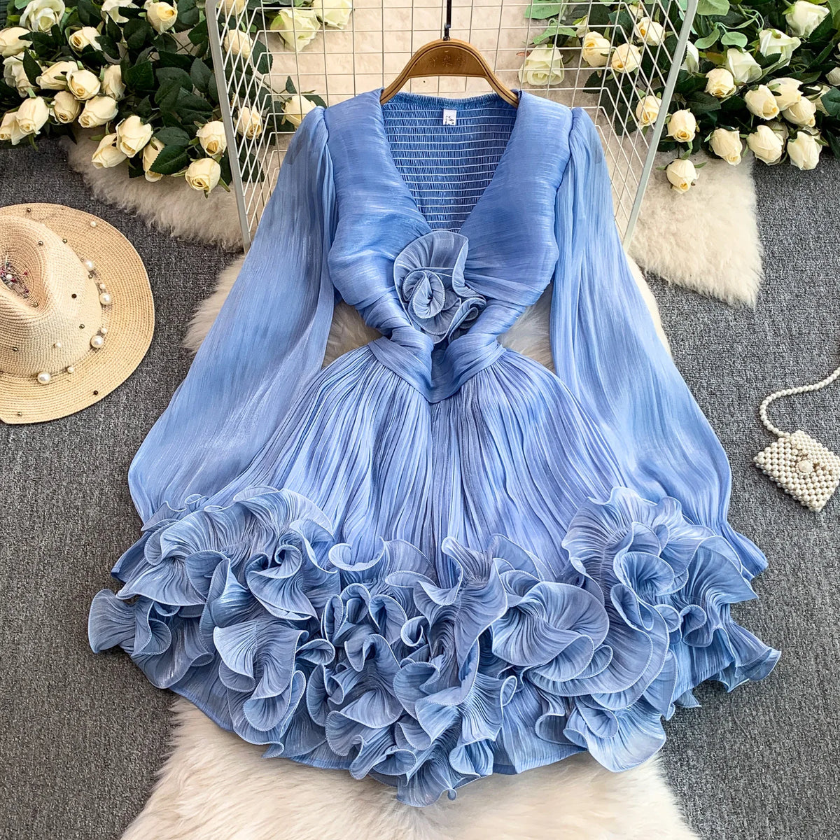 3D Ruffle High Waist Party Dress