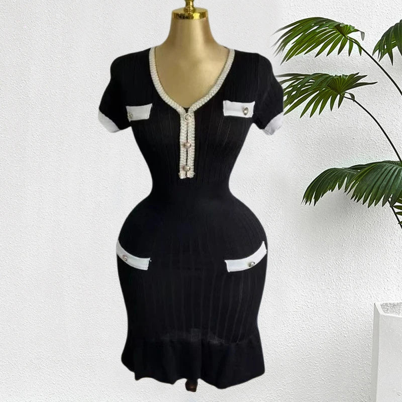 V-Neck Knit Mermaid Bodycon Mini Dress
