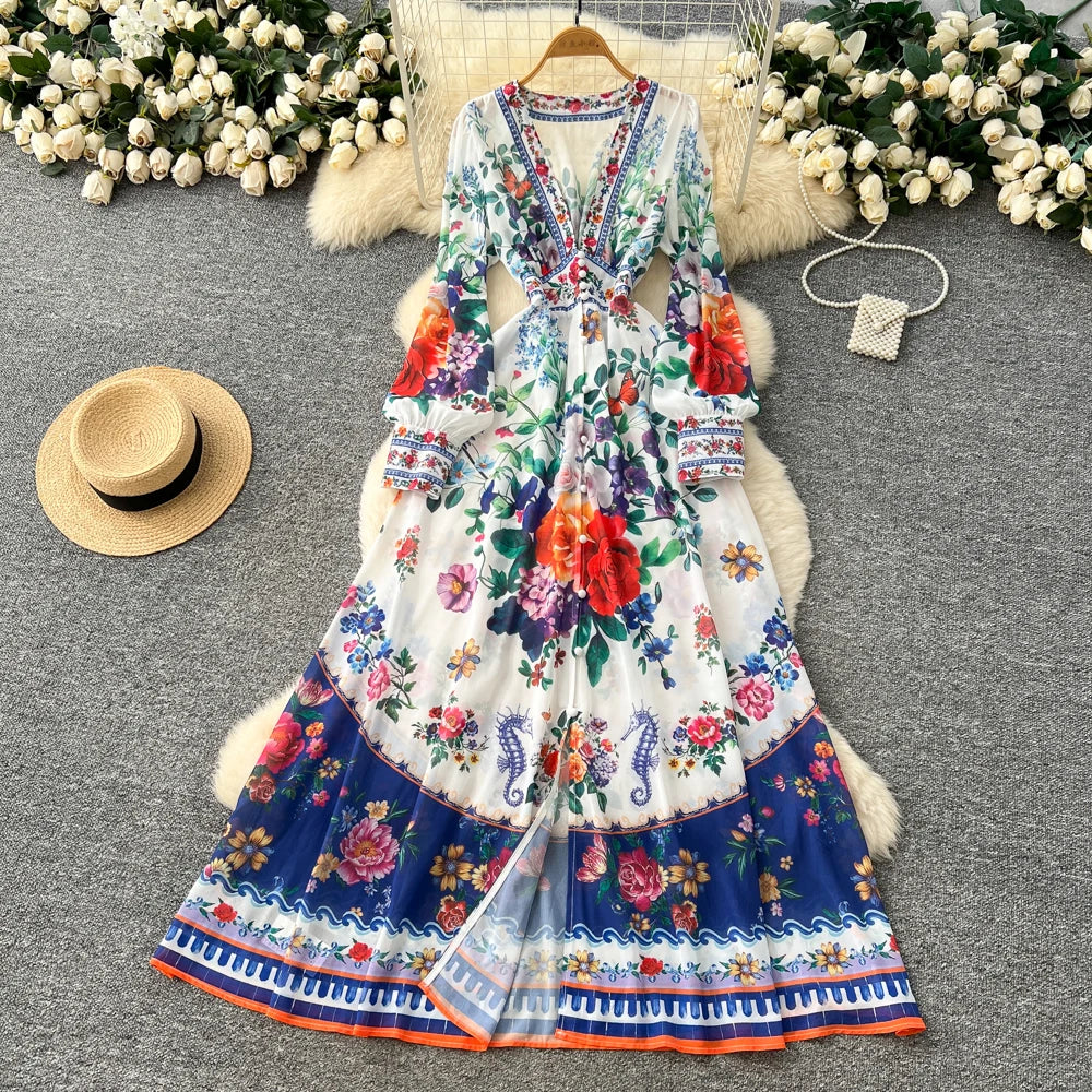 Split V-Neck Print Party Dress