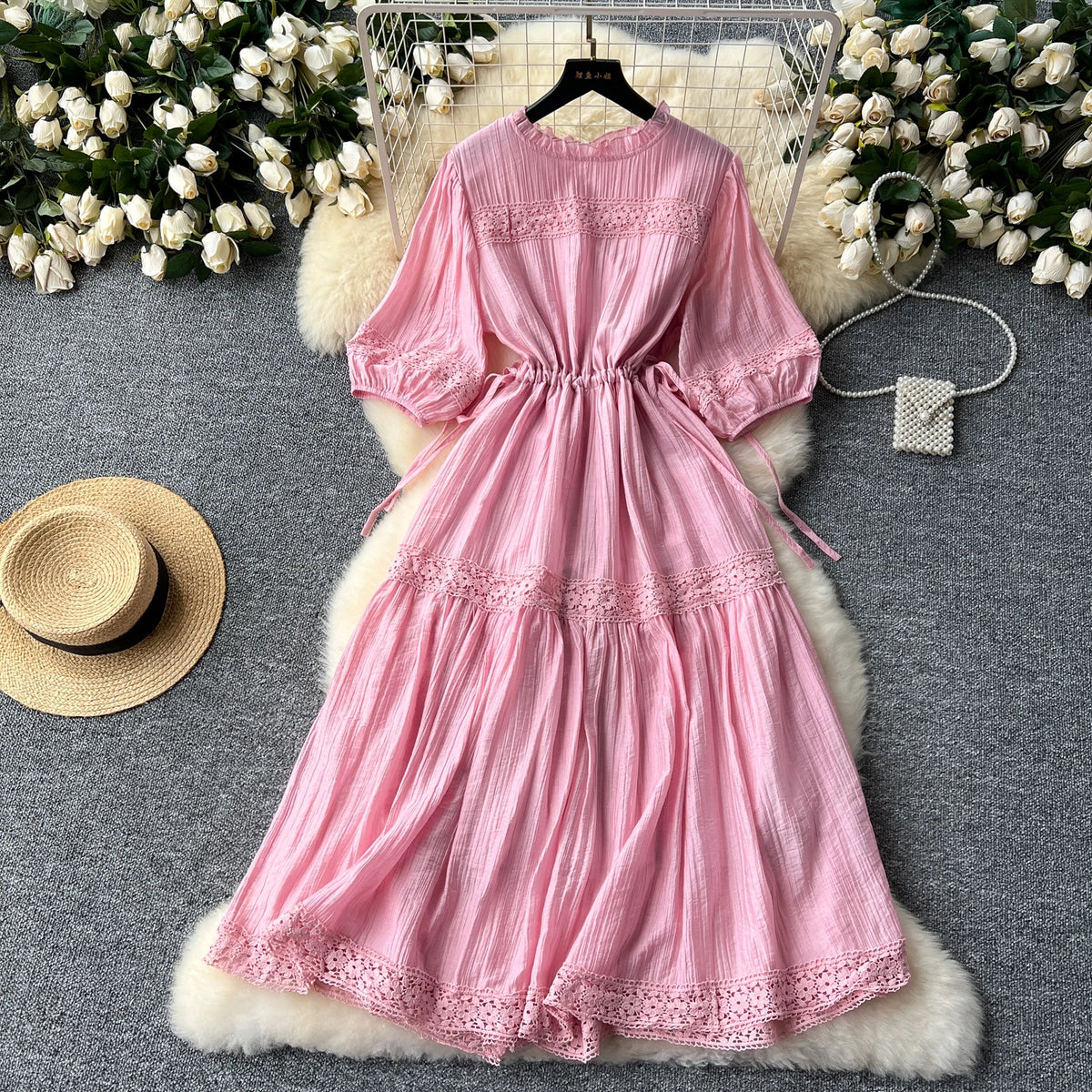 Lace Ruffle Lantern Sleeve Chiffon Dress