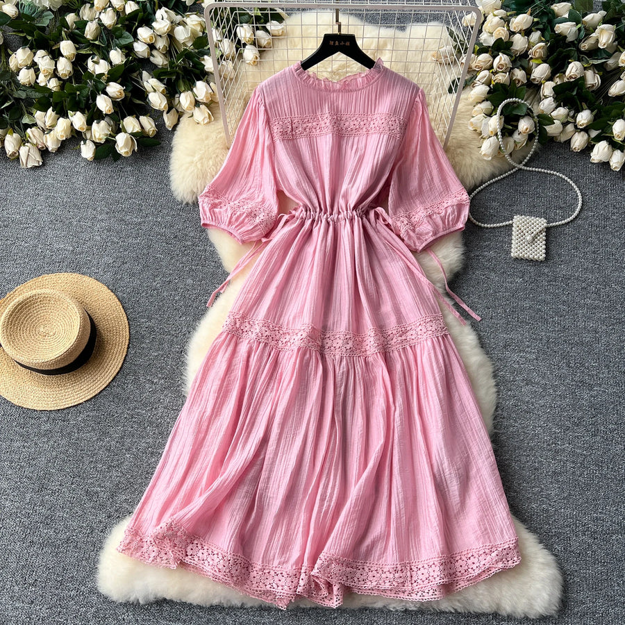 Lace Ruffle Lantern Sleeve Chiffon Dress