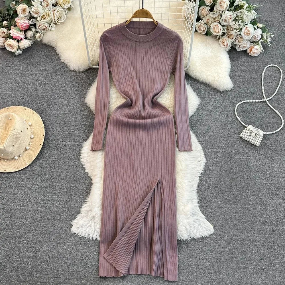 Ribbed High Slit Knit Maxi Dress