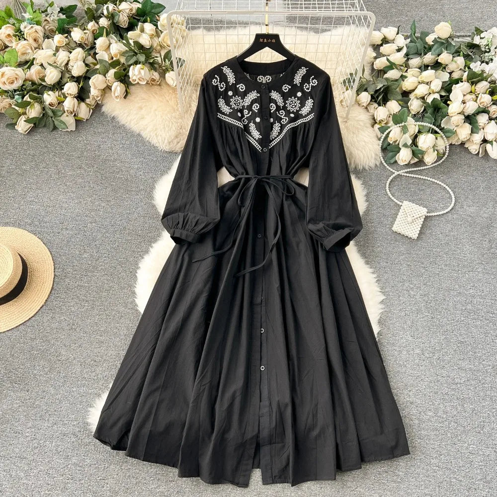 Embroidered V-Neck Boho A-Line Dress