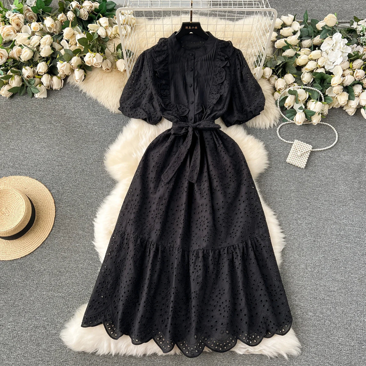 Solid Puff Sleeve Button Front A-Line Dress