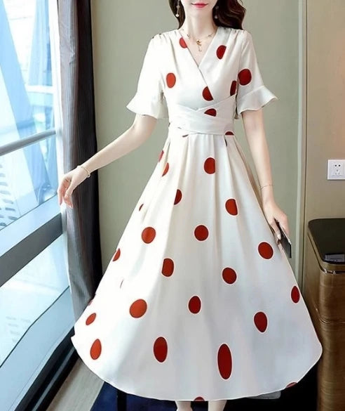 Polka Dot Tie Waist V-Neck Dress