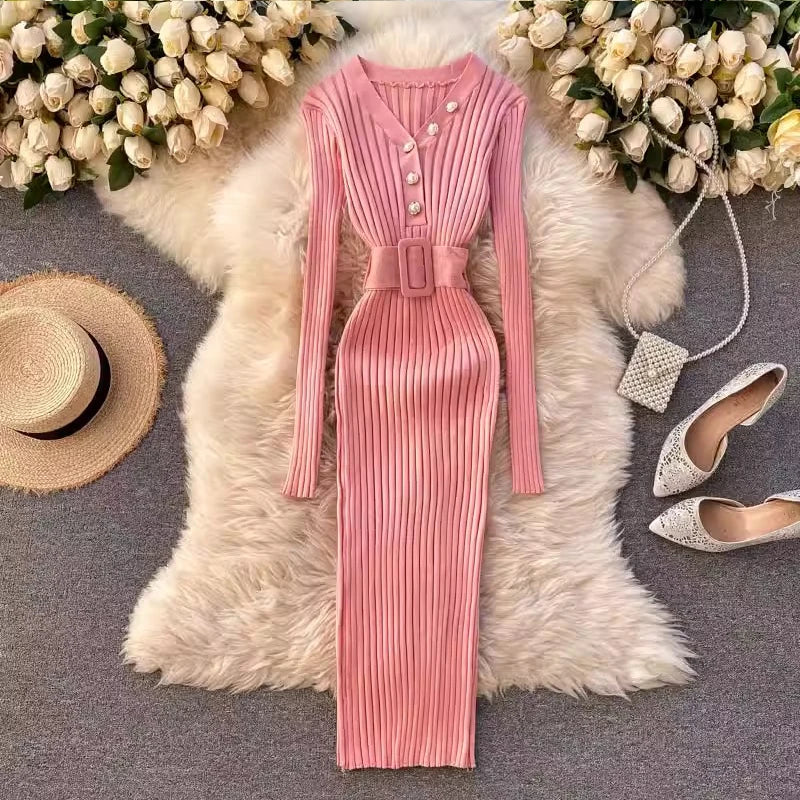 Belted Ribbed V-Neck Knit Sweater Dress