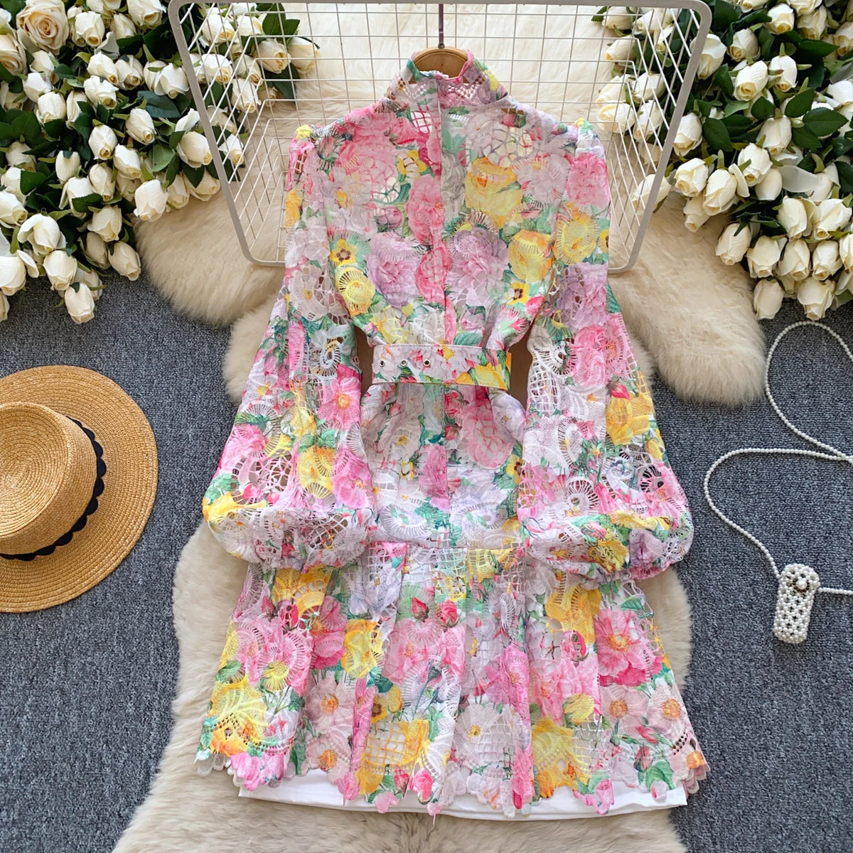 Crochet Lace Lantern Sleeve Mini Dress