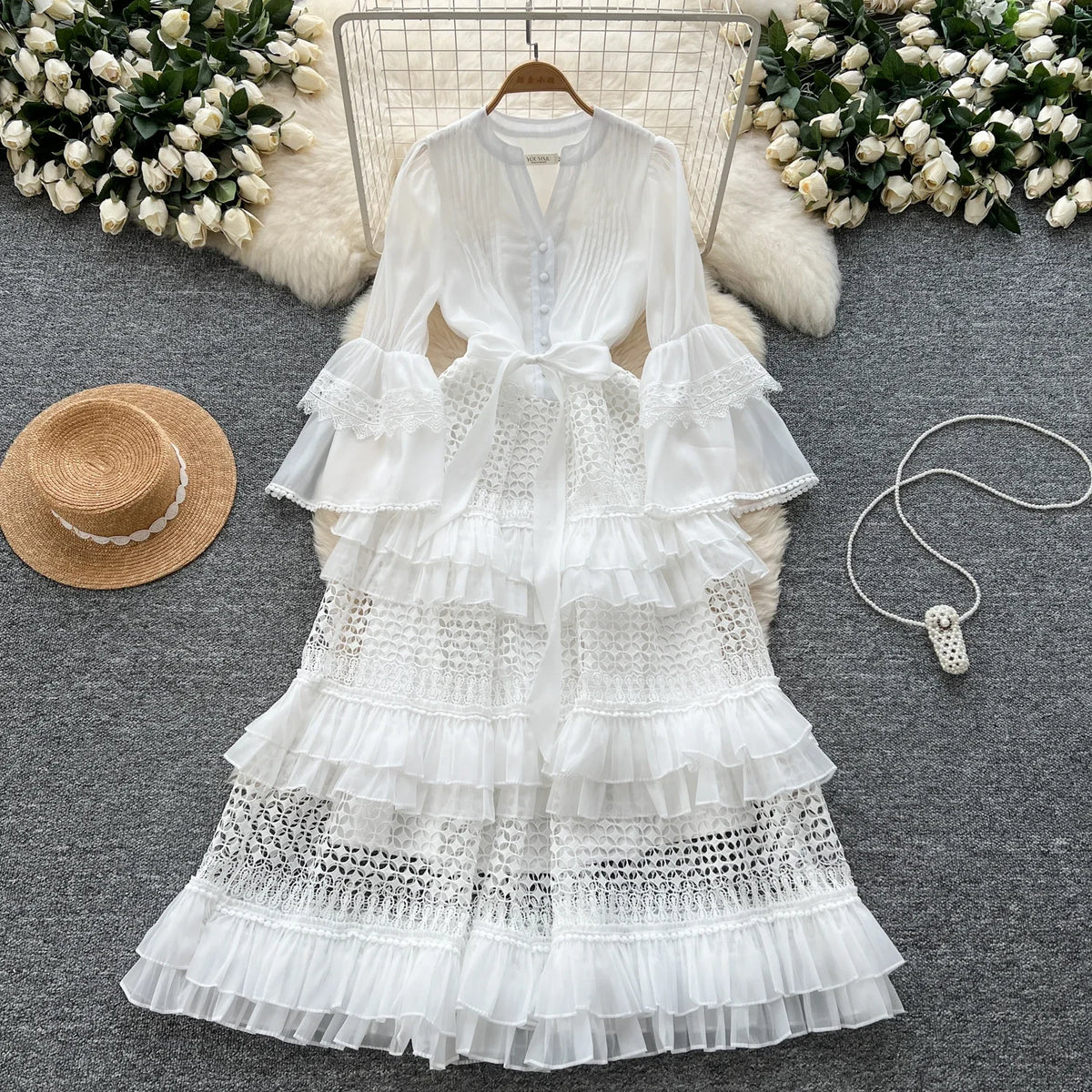Lace V-Neck Flare Sleeve Tiered Maxi Dress