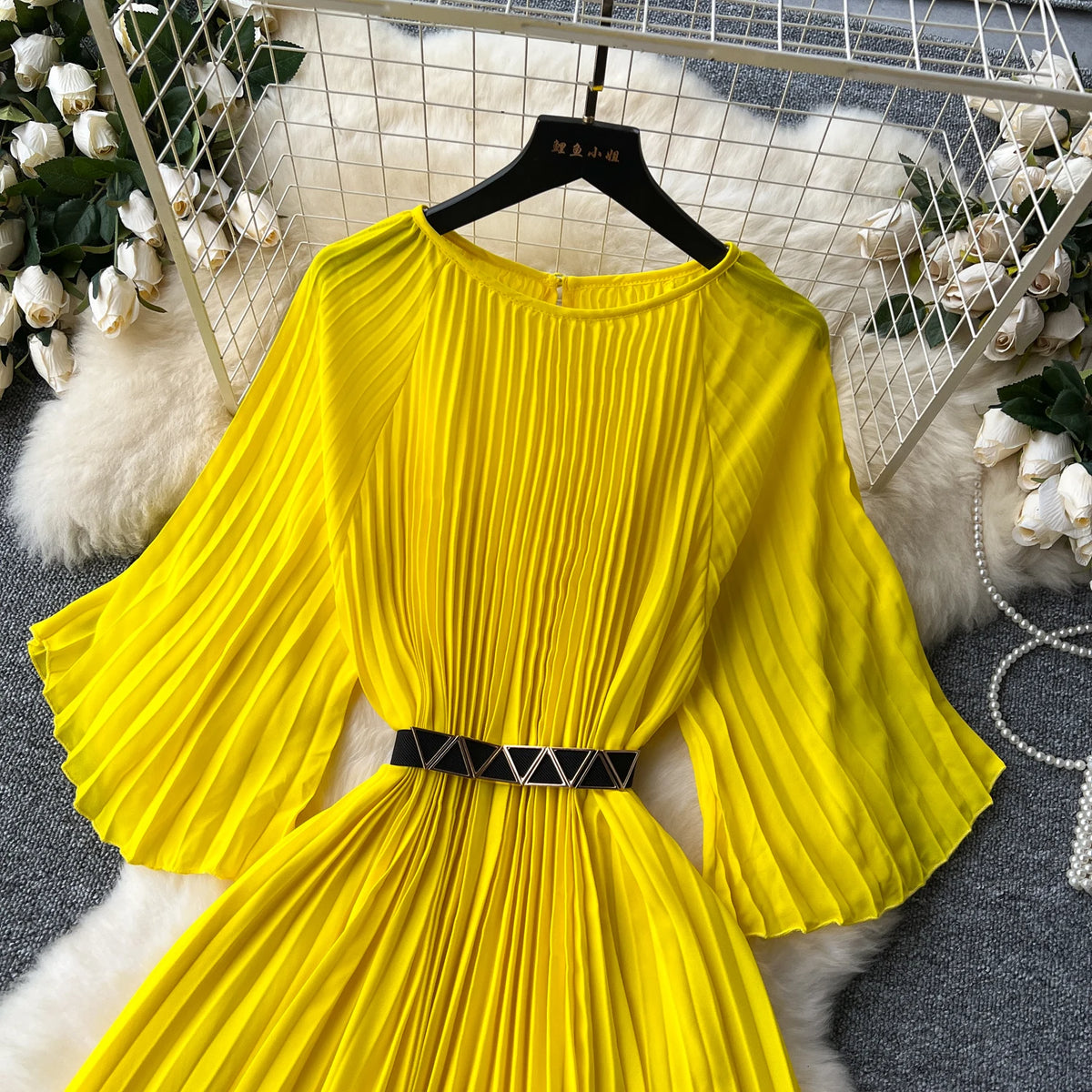 French Pleated Flare Sleeve Scoop Neck Dress