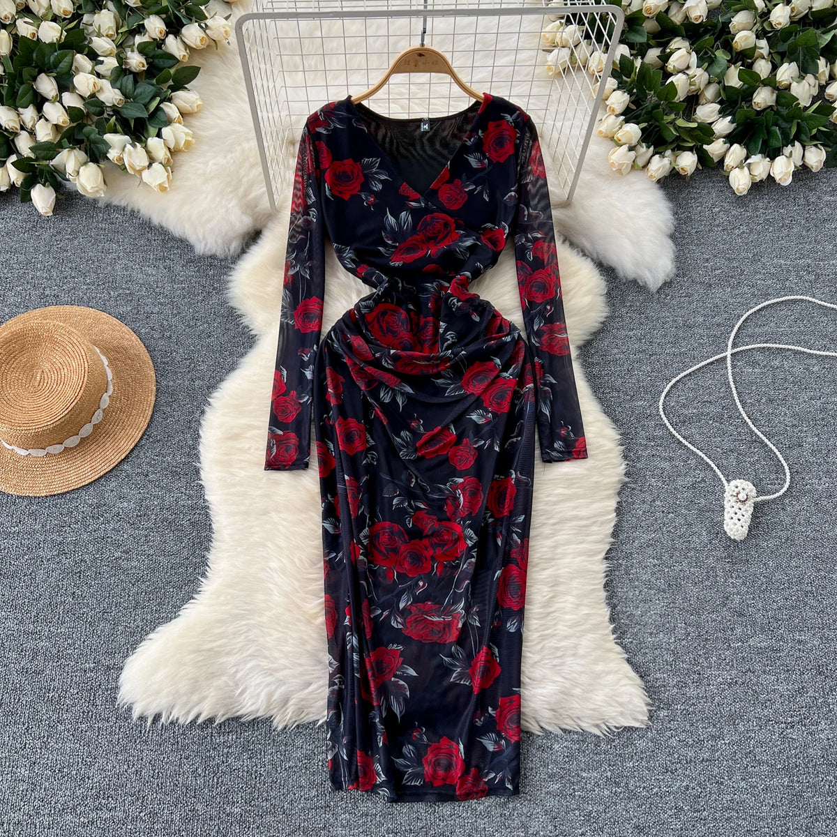 Pleated Mesh Print V-Neck Dress