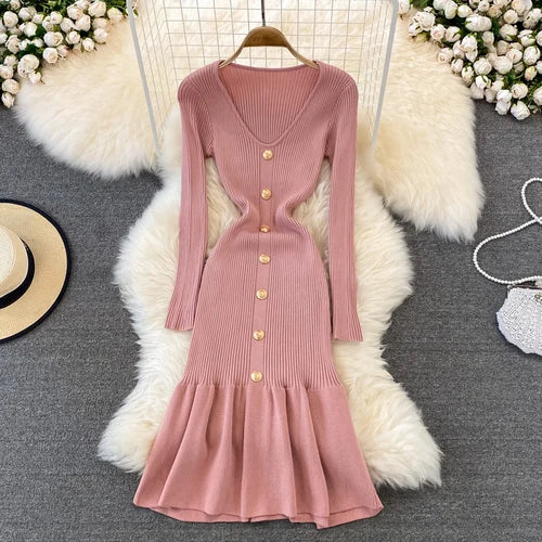 V-Neck Long Sleeve Knit Mermaid Dress