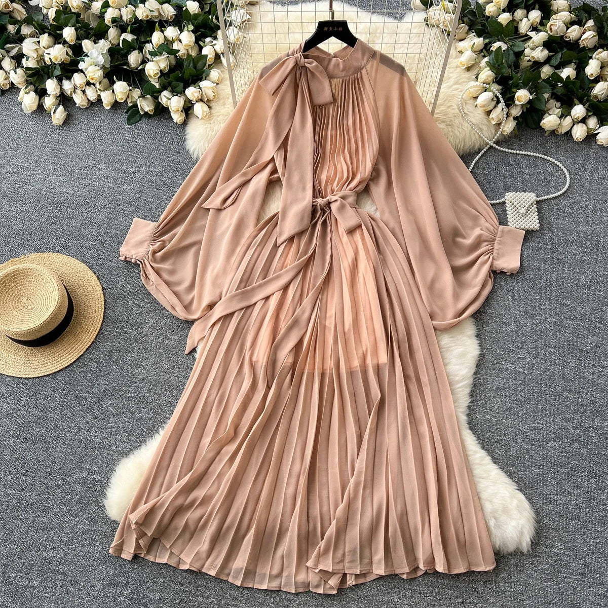 Print Bow Flare Sleeve Maxi Dress