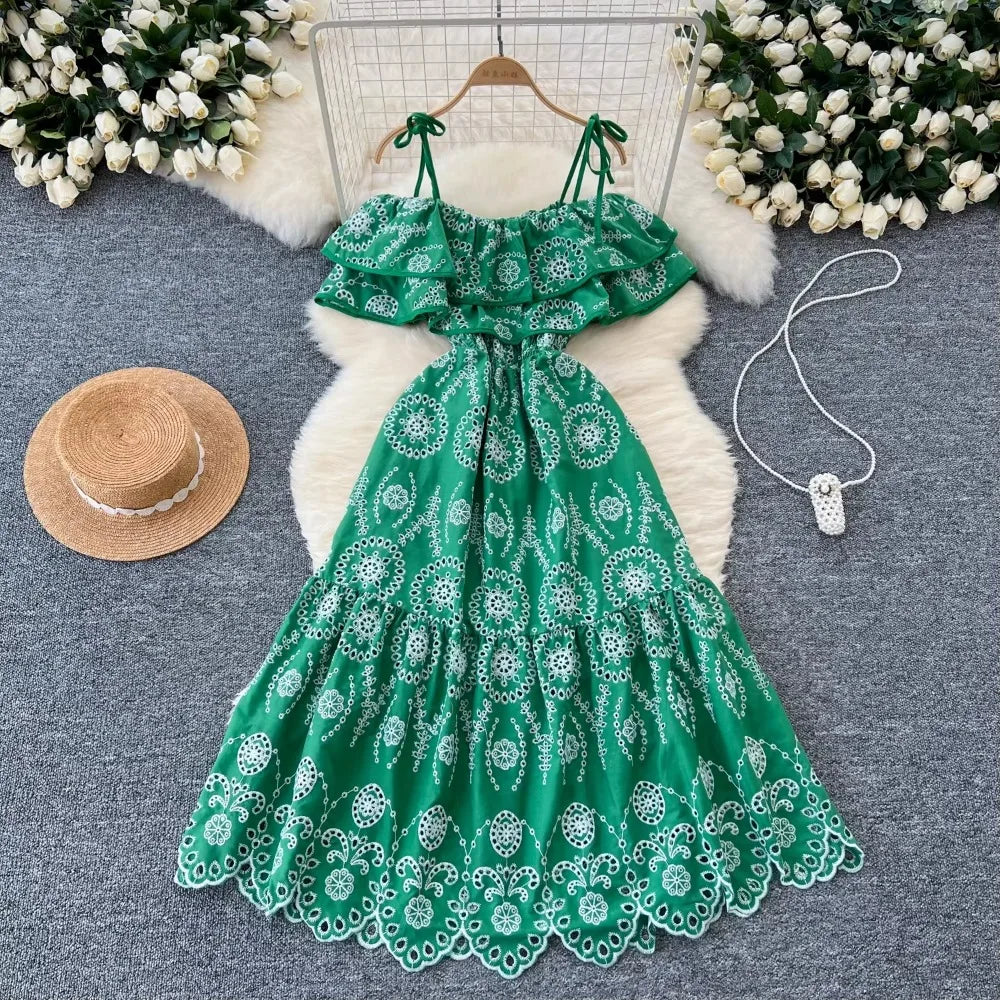 Embroidered Off-Shoulder Ruffle A-Line Dress