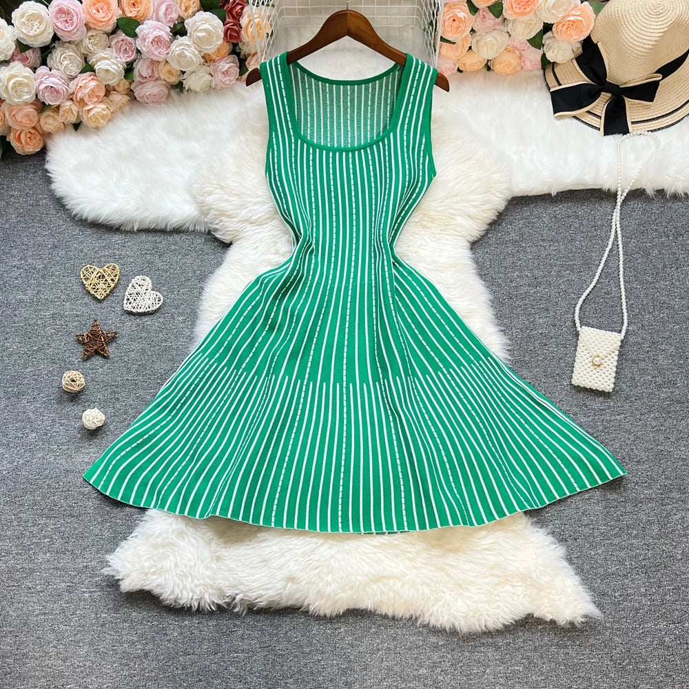 Striped Slim Waist Knit Mini Dress