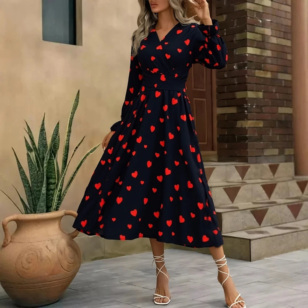 Heart Print Long Sleeve Maxi Dress