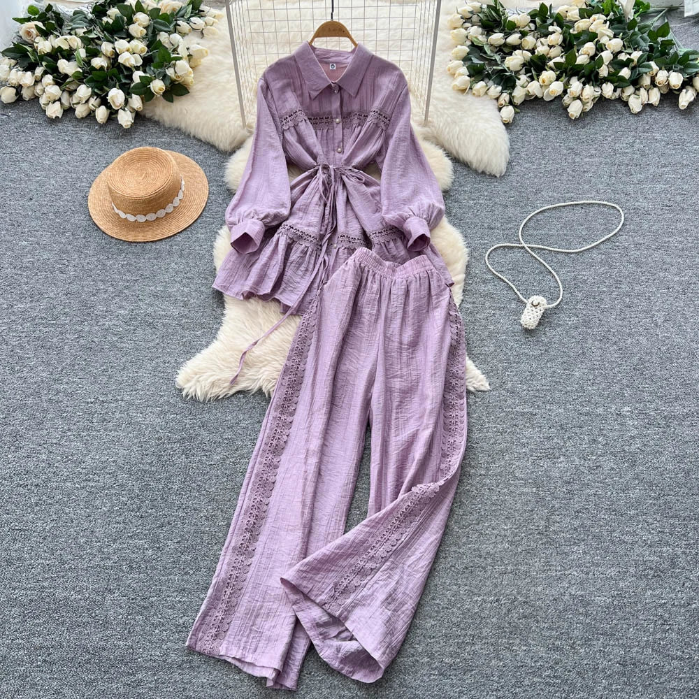 Lace Panel Top and Wide Leg Pant Set