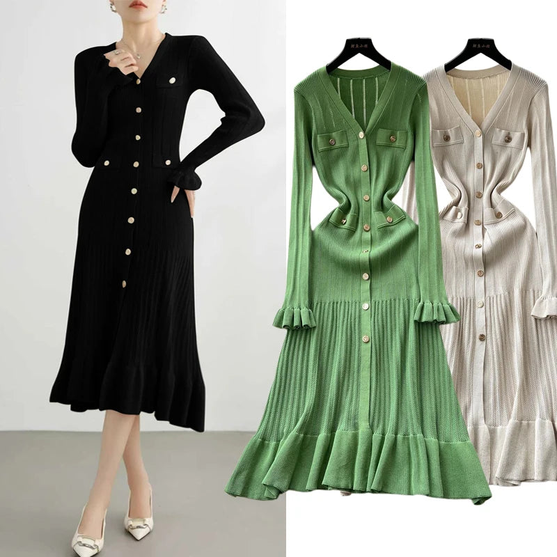 Ruffled Button Knit A-Line Maxi Dress