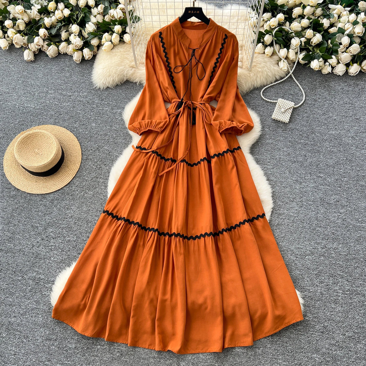 Scalloped Lantern Sleeve A-Line Dress