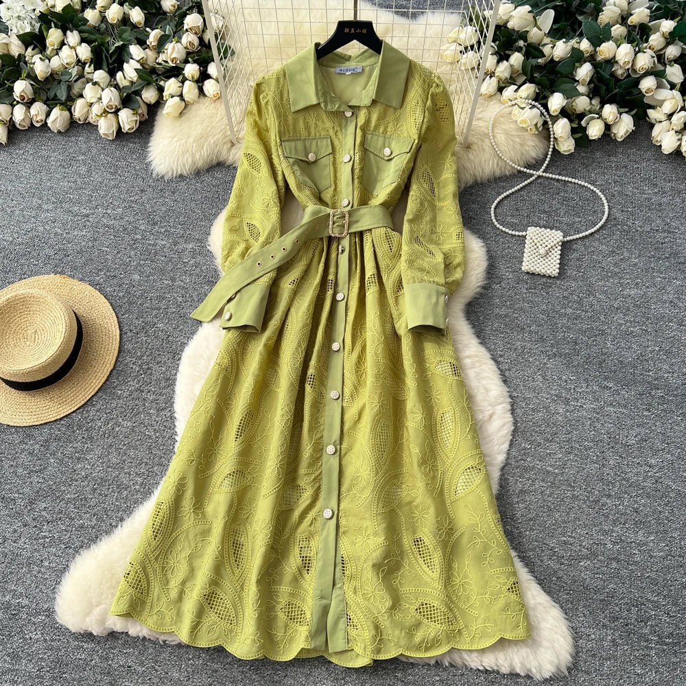 Hollow Out Button Pocket Long Sleeve Dress