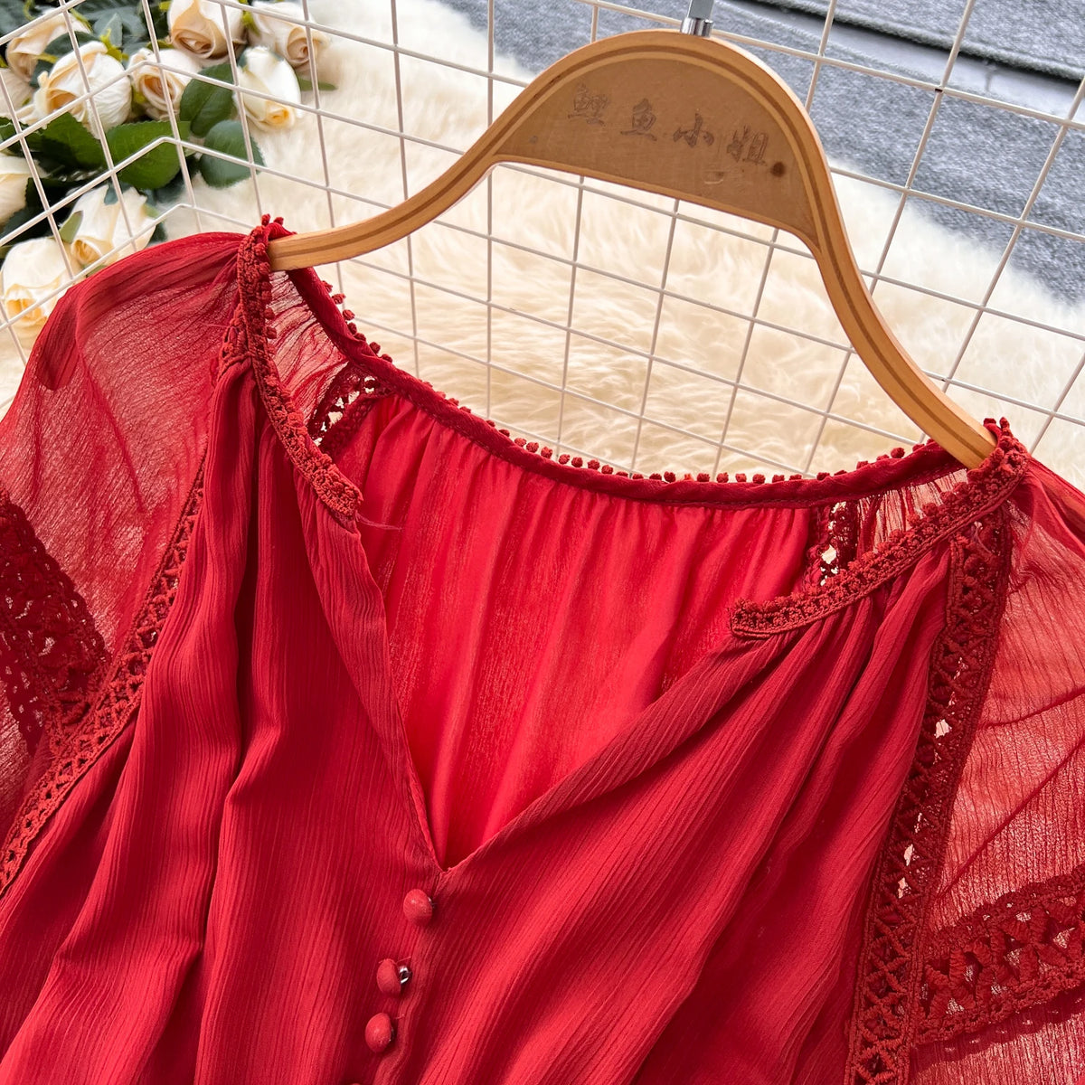 Mesh Puff Sleeve Pleated A-Line Dress