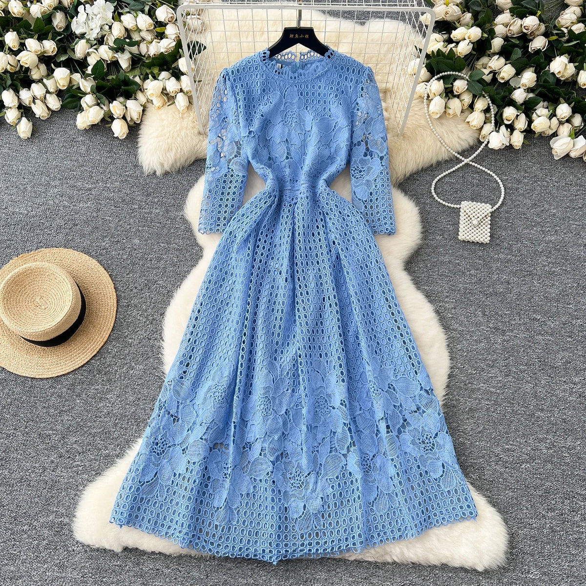 Crochet Floral Hollow Out Half Sleeve Dress