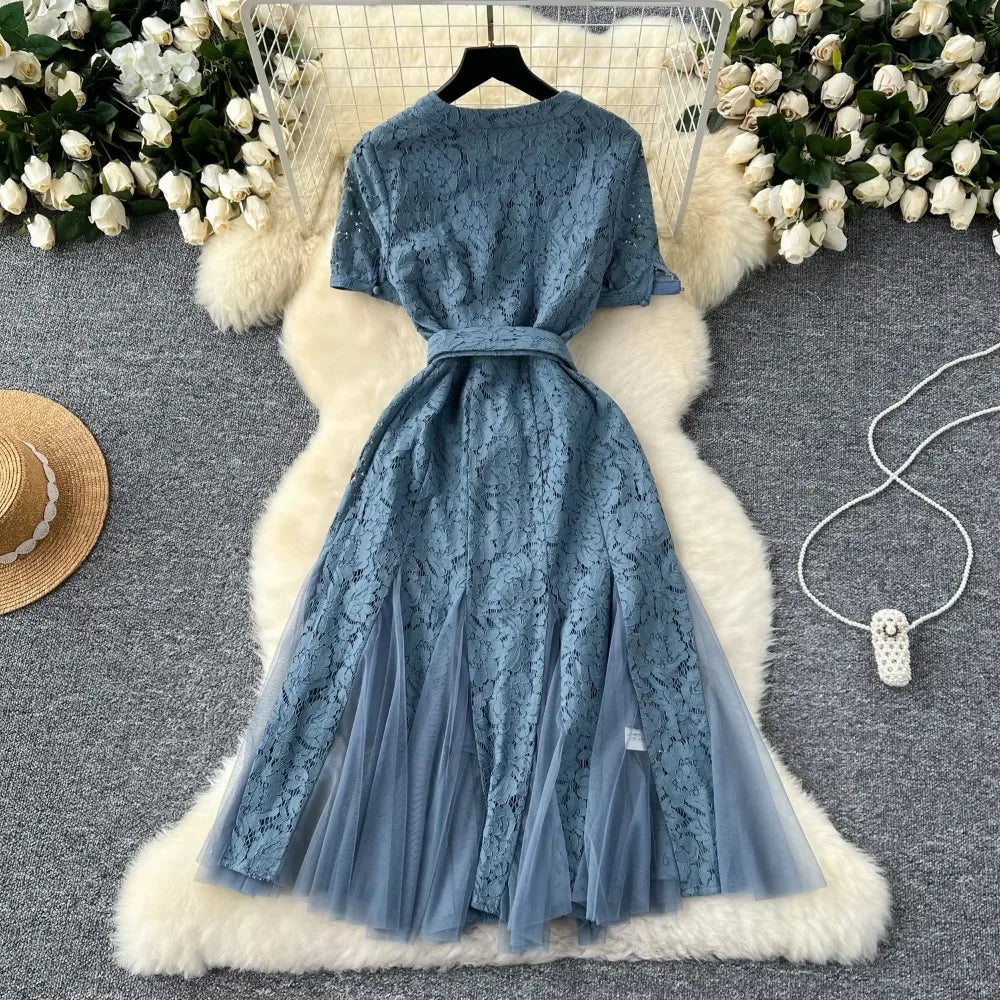Mesh Lace Patchwork Ruffle V-Neck Dress