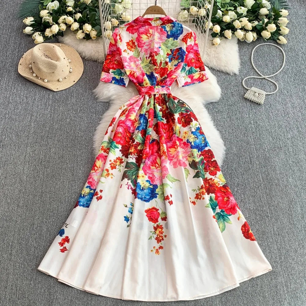 Print Button Front A-Line Maxi Dress