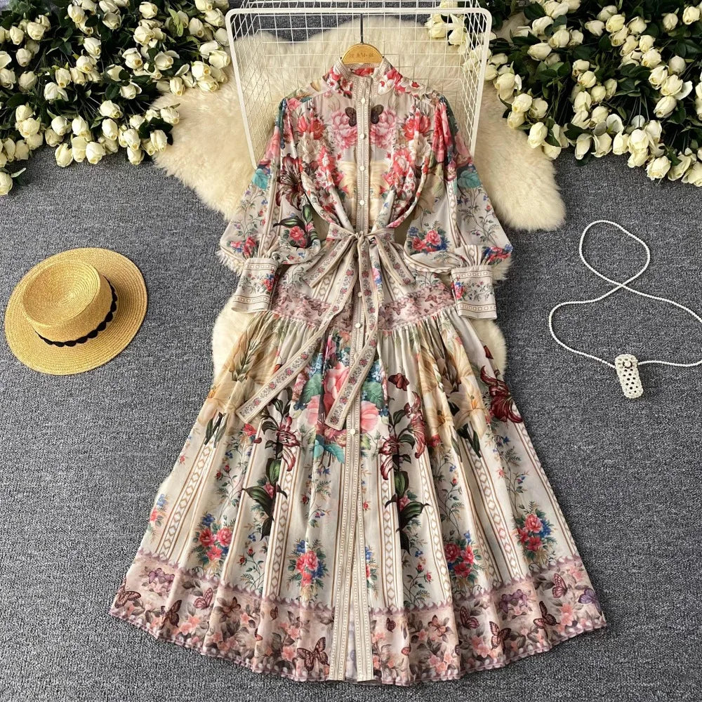 Print Sash Lantern Sleeve A-Line Dress