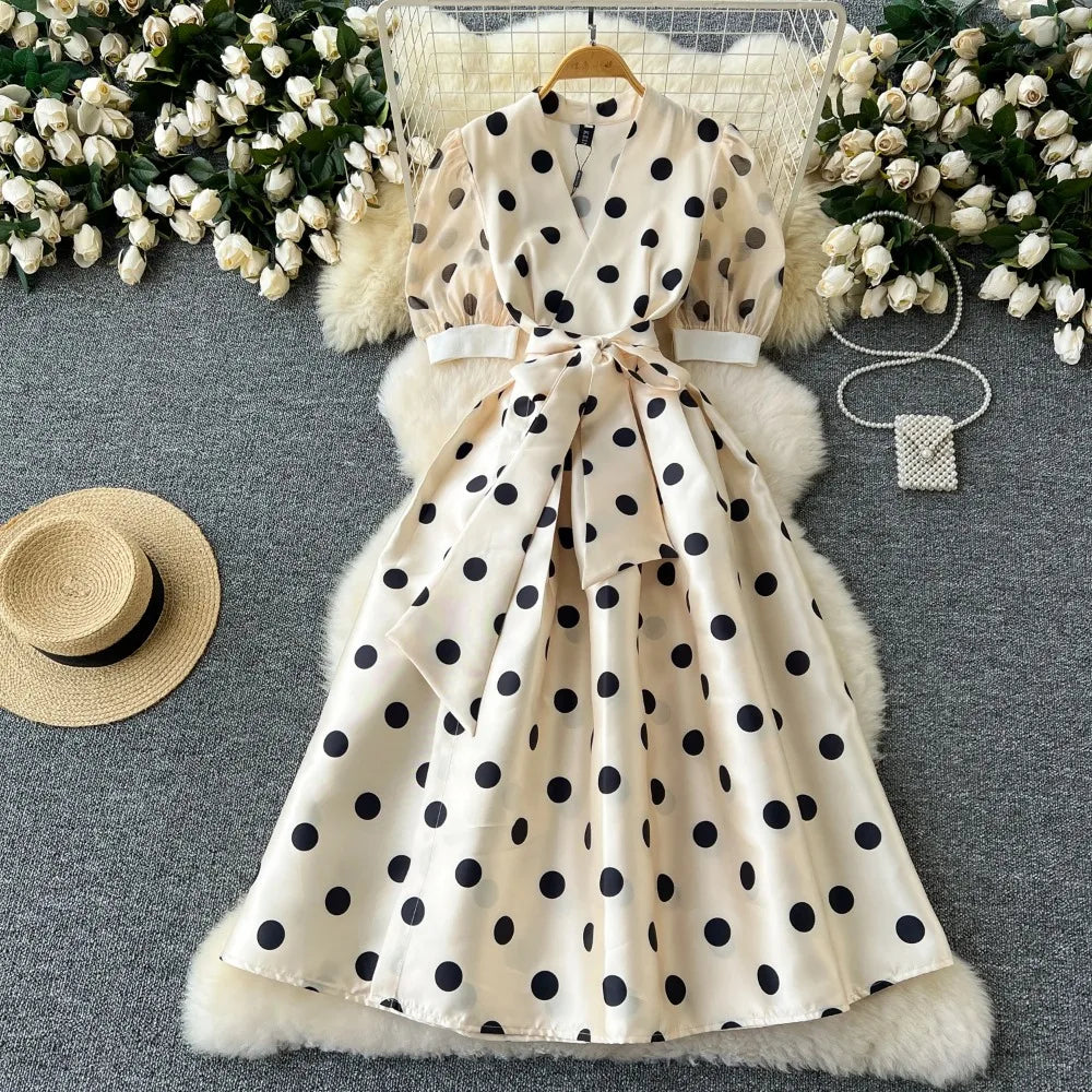 Polka Dot Pleated Short Sleeve A-Line Dress