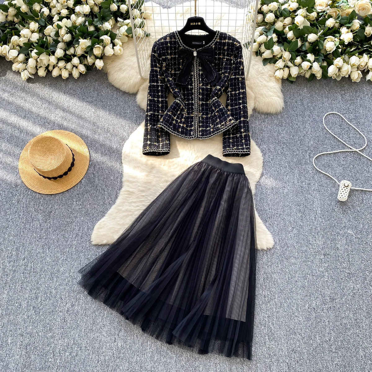 Mesh Long Sleeve Top and Skirt Set