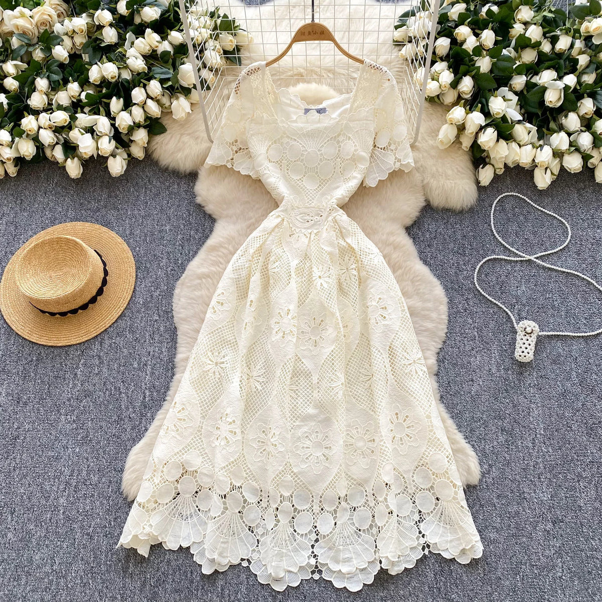 Crochet Lace Slash Neck Boho Sundress