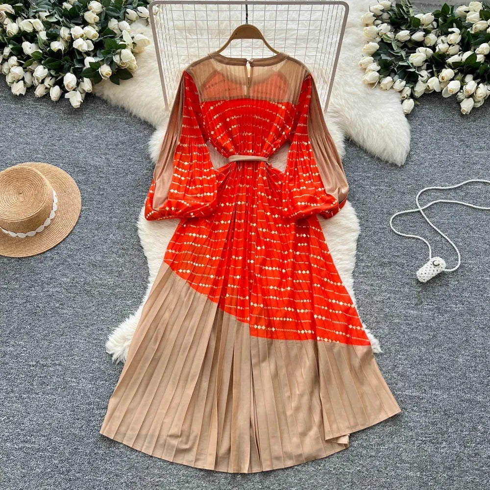 Spliced Print Slim Long Dress