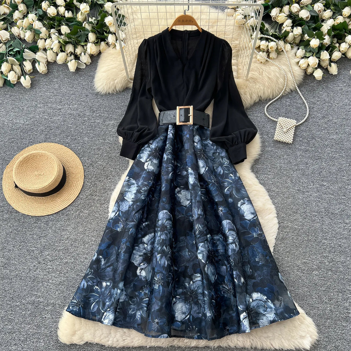 French Print Belted A-Line Swing Dress