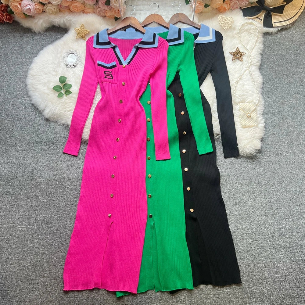 Embroidered Long Sleeve Knit Maxi Sweater Dress