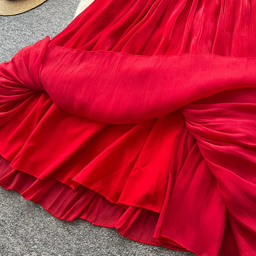 Rhinestone Ruched Puff Sleeve Pleated Dress
