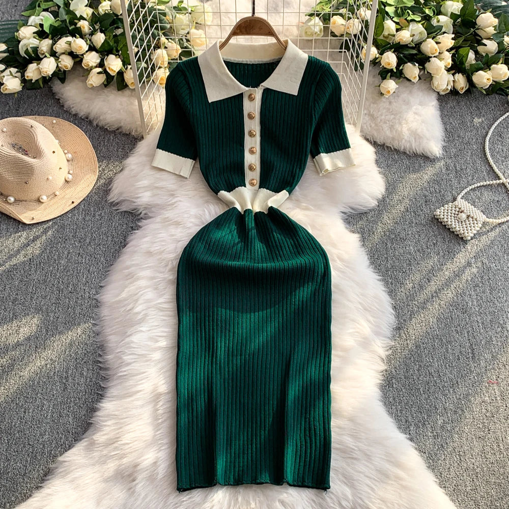 Collared Contrast Knit Bodycon Dress