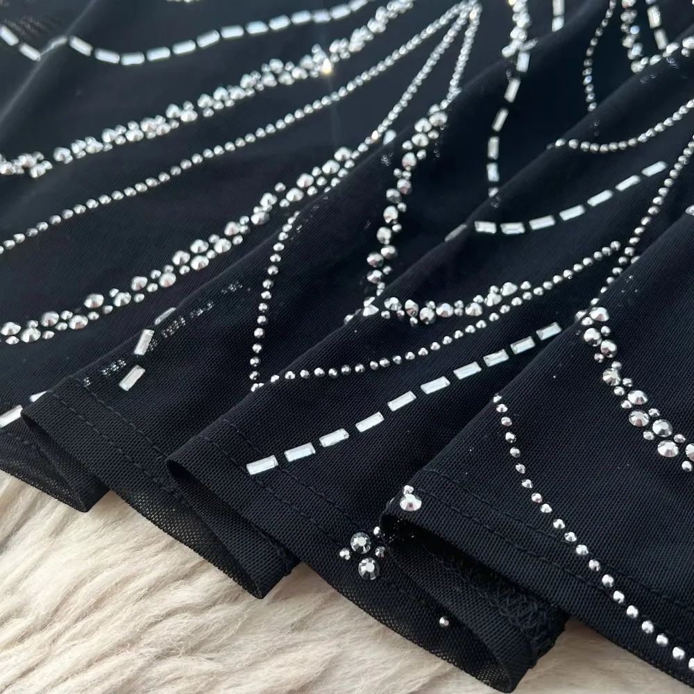 Rhinestone Mesh Crop Top and Skirt Set