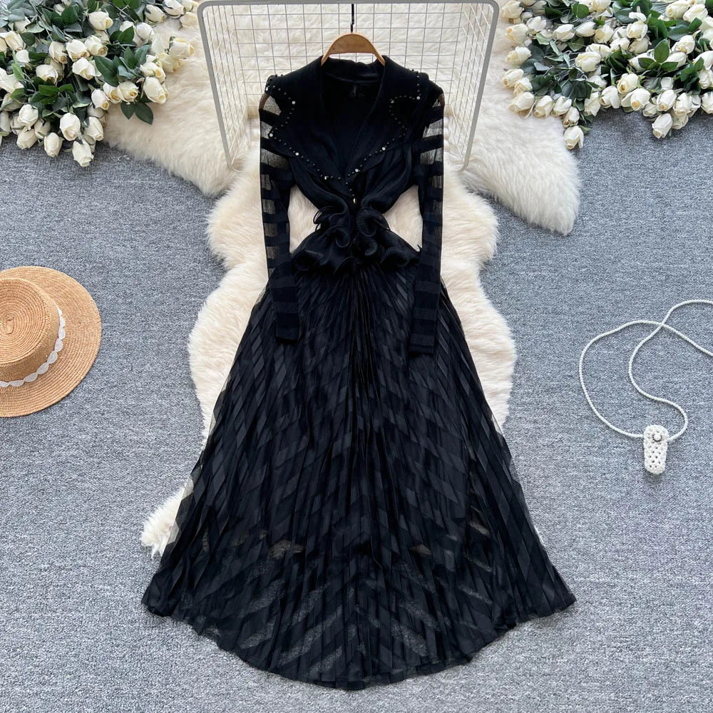 Notched Ruffle Long Sleeve Dress