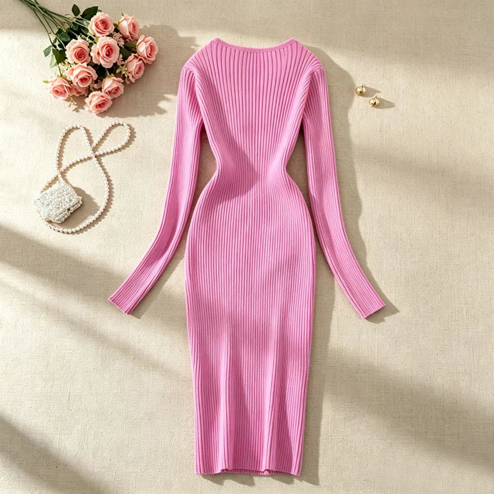 V-Neck Knit Bodycon Office Sweater Dress