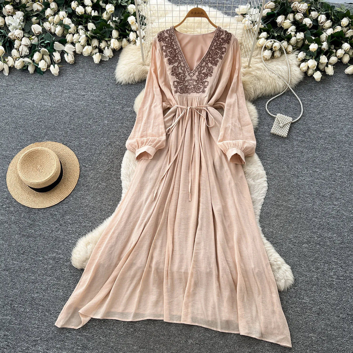 Embroidered V-Neck Tie Maxi Dress