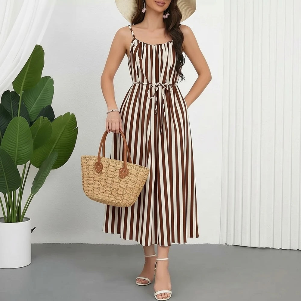 Striped Spaghetti Strap A-Line Maxi Dress