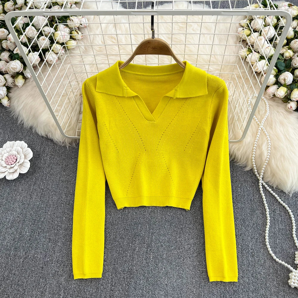 Collared Knit Long Sleeve Crop Top
