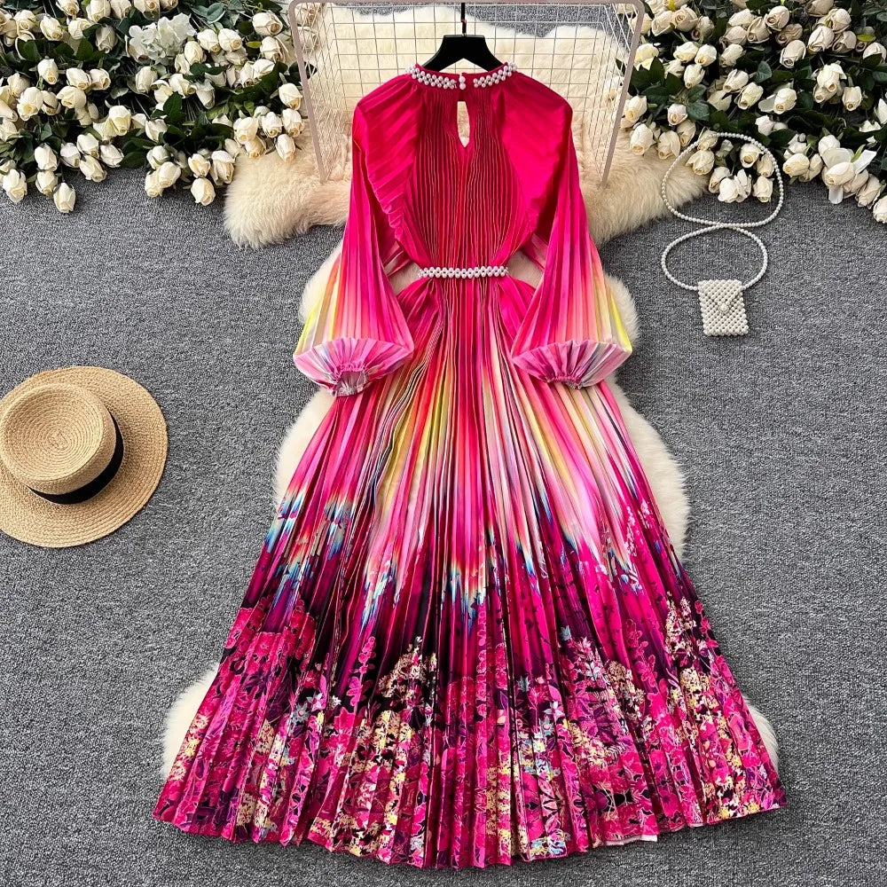 Pleated Print Lantern Sleeve A-Line Dress