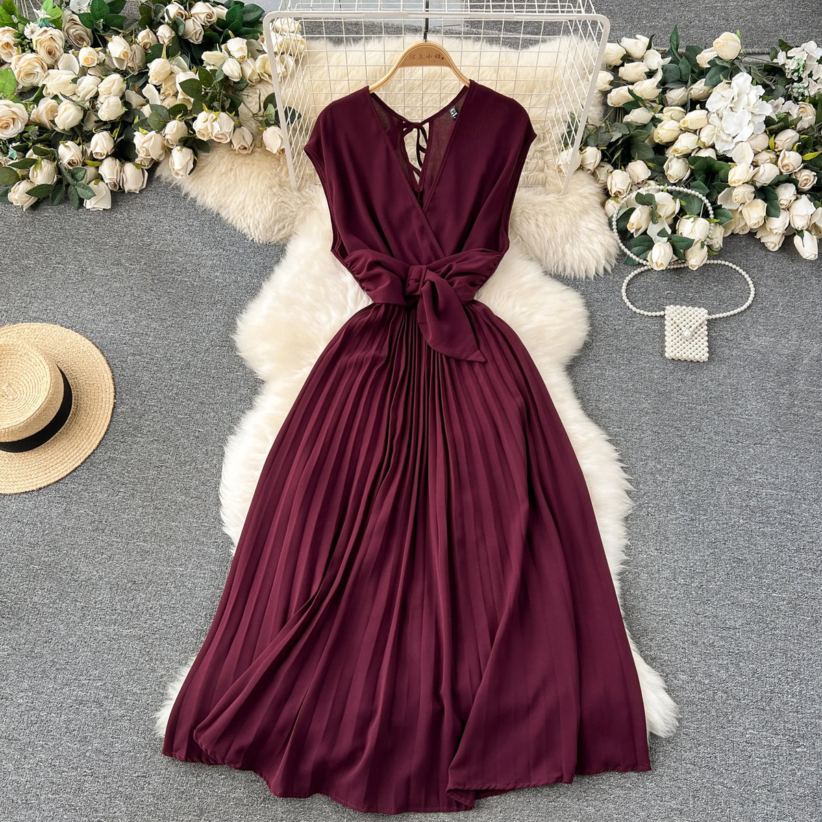 Pleated Chiffon Sleeveless A-Line Dress