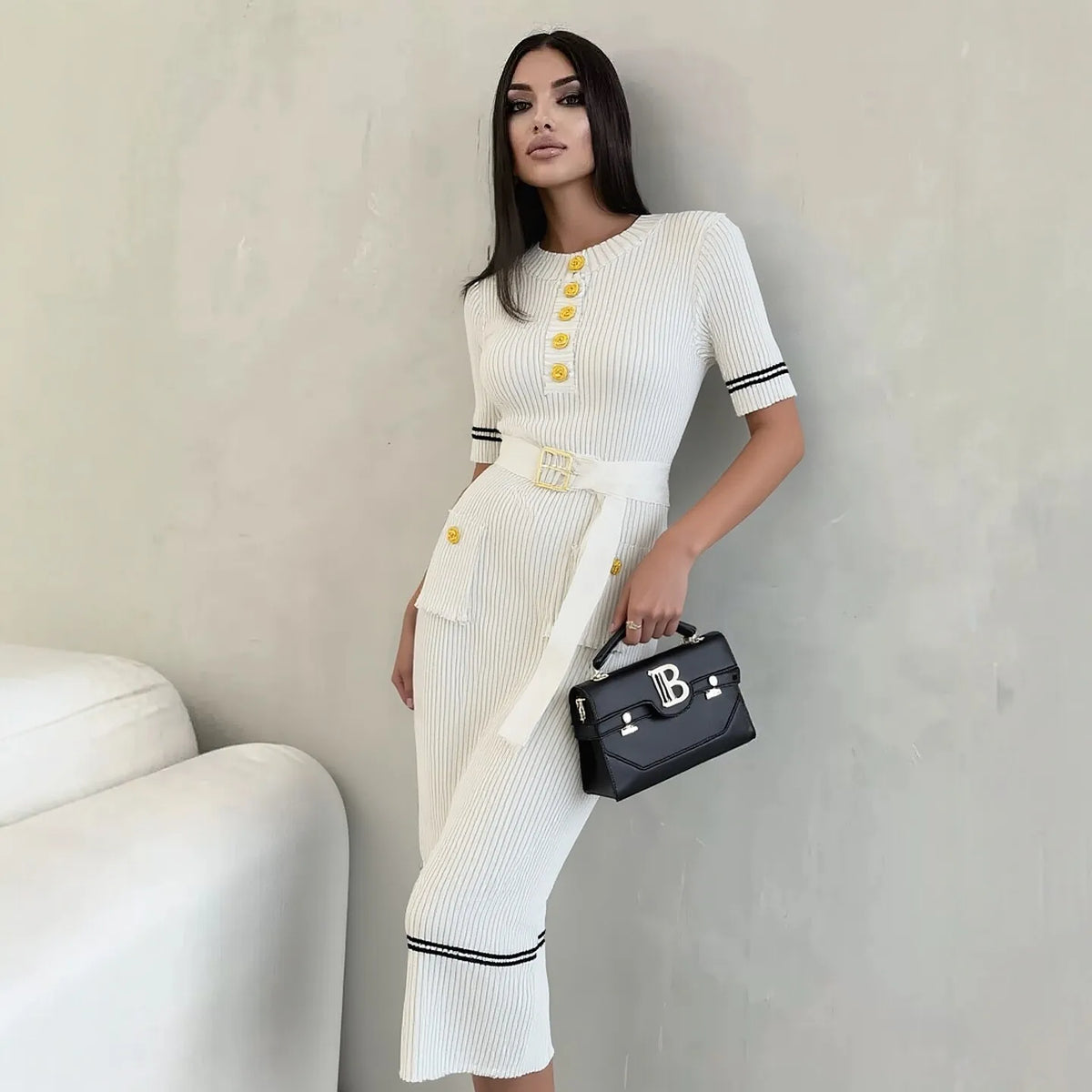 Belted Button Knit Bodycon Maxi Dress