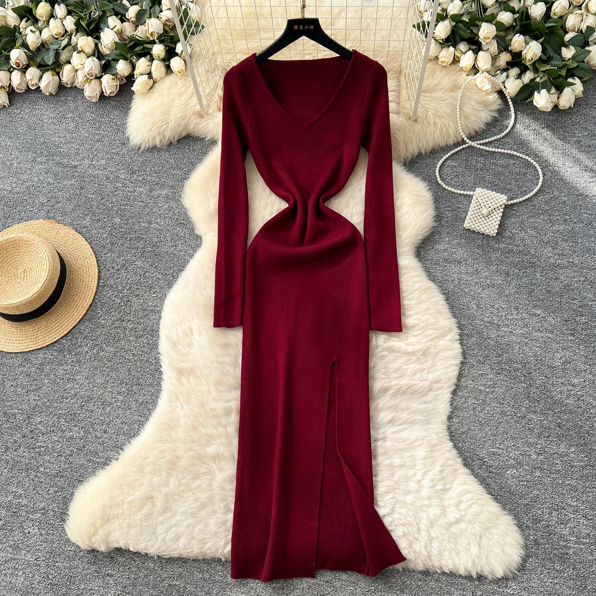 Split Knit V-Neck Maxi Dress