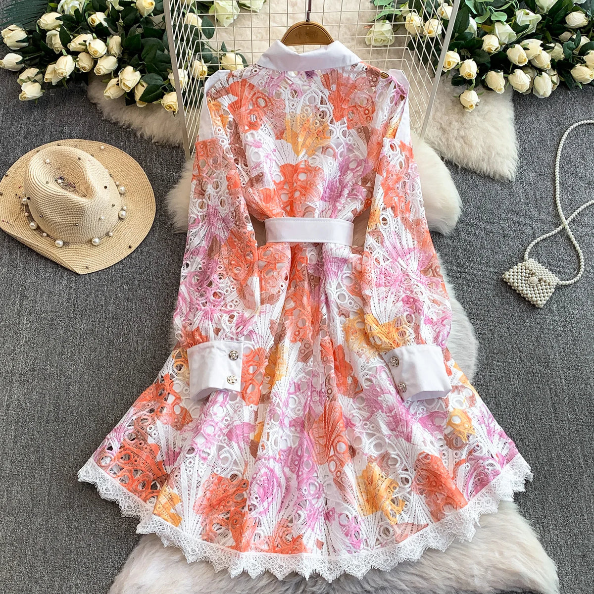 Button Print Ruched Long Sleeve Dress
